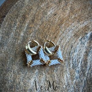 Gold and White Beaded Earrings